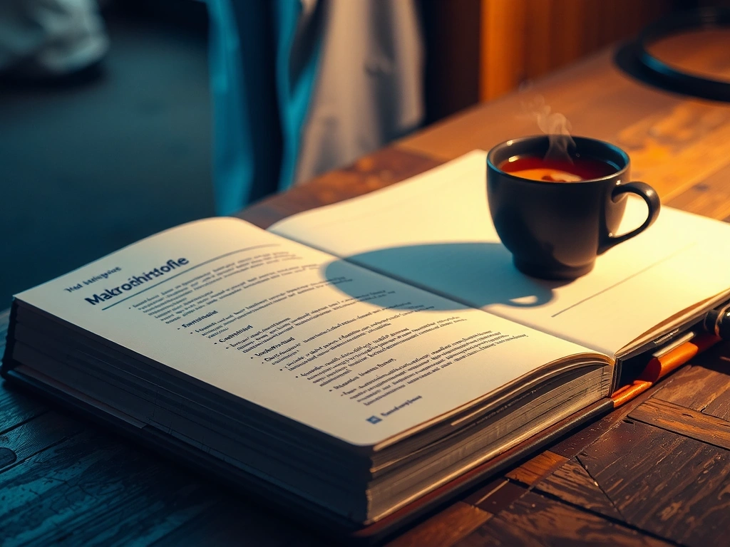 Arbeitsplatz mit Fachbuch und Notizen